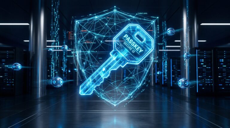 "A futuristic, high-tech security concept. A glowing, translucent blue digital key (representing a Passkey) floating in front of a complex network shield. Small AI-nodes are actively scanning data streams for threats in the background. The aesthetic is clean, corporate, and highly secure. Colors: deep navy blue, bright cyan, and silver. Cinematic lighting, 8k resolution, 16:9 aspect ratio, professional tech-blog style."