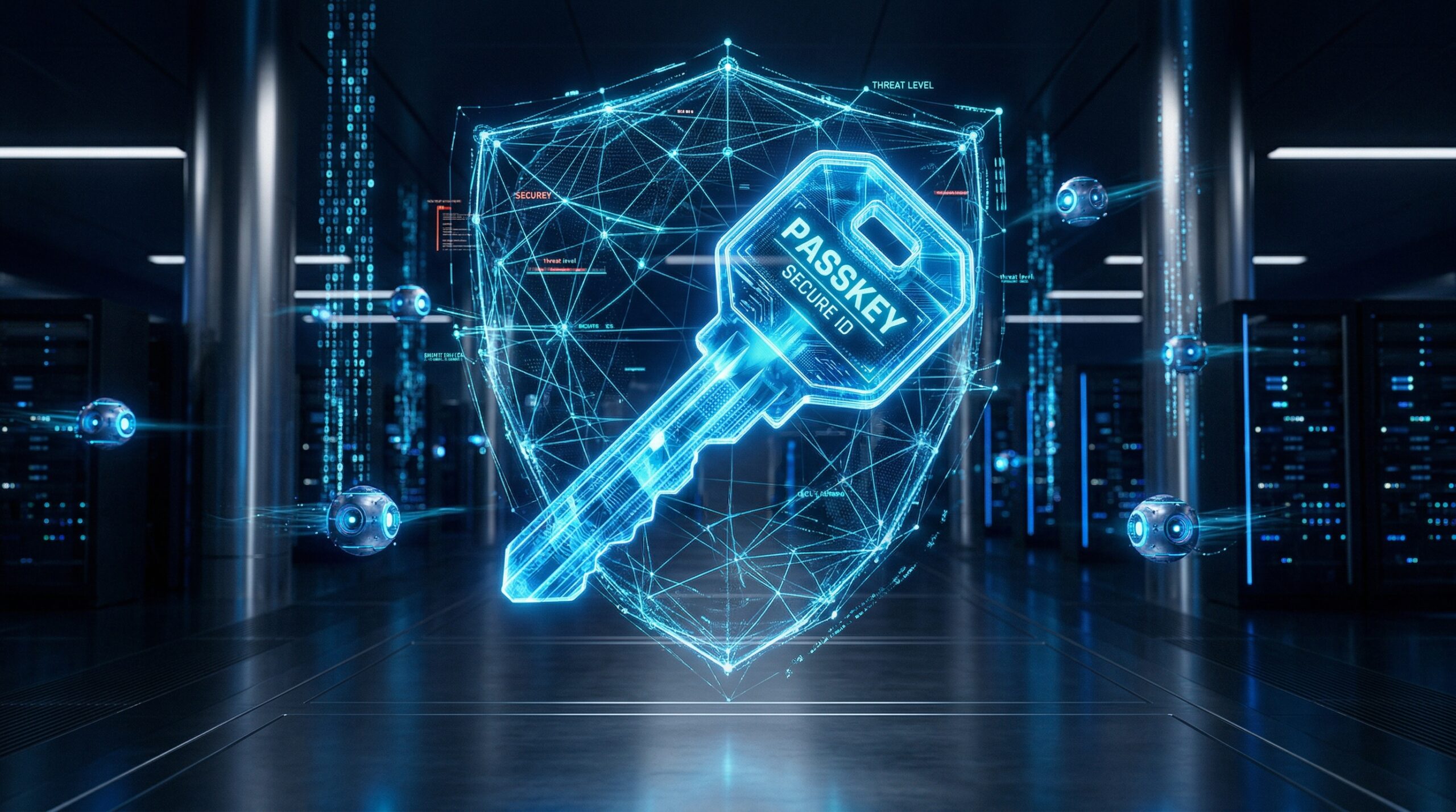 "A futuristic, high-tech security concept. A glowing, translucent blue digital key (representing a Passkey) floating in front of a complex network shield. Small AI-nodes are actively scanning data streams for threats in the background. The aesthetic is clean, corporate, and highly secure. Colors: deep navy blue, bright cyan, and silver. Cinematic lighting, 8k resolution, 16:9 aspect ratio, professional tech-blog style."