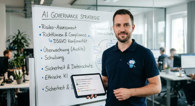 Ein extrem realistisches, echtes Foto (DSLR-Stil, 35mm Objektiv, f/1.8). Ein IT-Sicherheitsexperte der BITBUDDYS steht in einem hellen, modernen Büro vor einem großen Whiteboard, auf dem eine Strategie zur "AI Governance" skizziert ist. Er hält ein Tablet in der Hand, das eine Liste gesperrter, unsicherer KI-Apps zeigt. Der Experte trägt ein dunkles, hochwertiges Polo-Shirt, auf dem deutlich sichtbar das gestickte Logo prangt: der kleine blaue Roboter mit Antenne und Schraubenschlüssel (exakt nach der Vorlage). Die Beleuchtung ist natürlich und hell, der Fokus liegt knackscharf auf dem Experten und dem Logo-Stick, der Hintergrund ist in professionellem Bokeh verschwommen. Keine KI-generierten Buchstaben oder Texte im Bild, außer der Grafik auf dem Tablet.