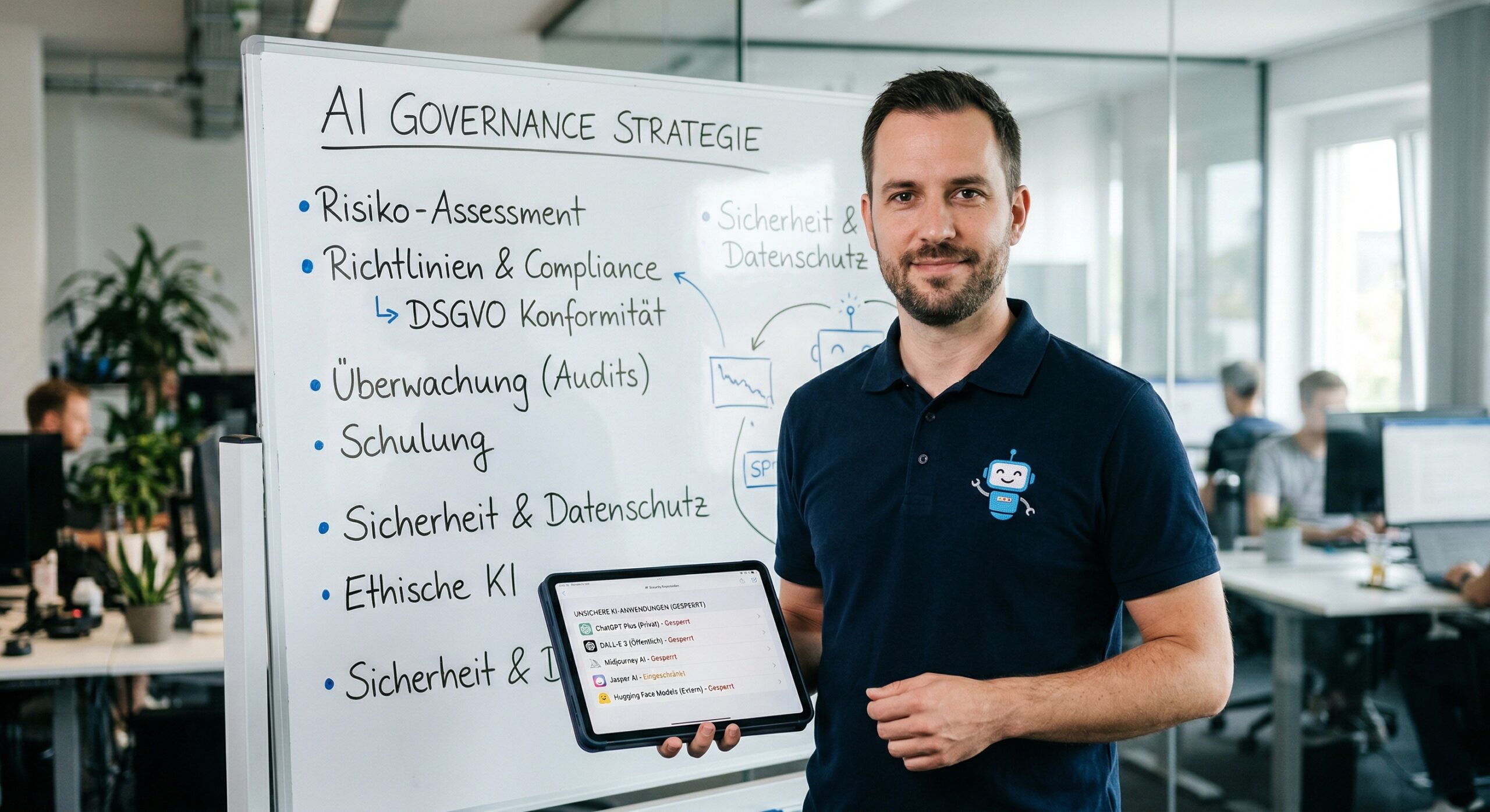 Ein extrem realistisches, echtes Foto (DSLR-Stil, 35mm Objektiv, f/1.8). Ein IT-Sicherheitsexperte der BITBUDDYS steht in einem hellen, modernen Büro vor einem großen Whiteboard, auf dem eine Strategie zur "AI Governance" skizziert ist. Er hält ein Tablet in der Hand, das eine Liste gesperrter, unsicherer KI-Apps zeigt. Der Experte trägt ein dunkles, hochwertiges Polo-Shirt, auf dem deutlich sichtbar das gestickte Logo prangt: der kleine blaue Roboter mit Antenne und Schraubenschlüssel (exakt nach der Vorlage). Die Beleuchtung ist natürlich und hell, der Fokus liegt knackscharf auf dem Experten und dem Logo-Stick, der Hintergrund ist in professionellem Bokeh verschwommen. Keine KI-generierten Buchstaben oder Texte im Bild, außer der Grafik auf dem Tablet.