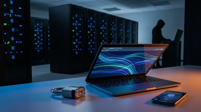 Ultra realistic photo of a modern cybersecurity scene in a corporate environment, 16:9 aspect ratio, professional photography, sharp focus, high detail. Foreground: a laptop with a browser window and abstract glowing data streams reflected on the screen; nearby a physical security lock and a smartphone. Background: a dimly lit server room with racks and subtle LED lights, and a faint silhouette of a person (hacker-like) at a distance to suggest threat without showing a face. Cinematic lighting with dramatic contrast, cool blue and teal tones mixed with warm accent light, realistic shadows and depth of field. Shot with a DSLR, 35mm or 50mm lens, shallow depth of field, high dynamic range, studio-quality clarity, no text, no logos, no watermark.