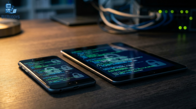 16:9 aspect ratio, ultra realistic photo, professional photography, sharp focus, high detail, cinematic lighting, dramatic contrast, close-up of a smartphone and tablet displaying blurred code and security lock icons, shallow depth of field, DSLR 50mm, realistic cybersecurity scene, no text, no logos, no watermark