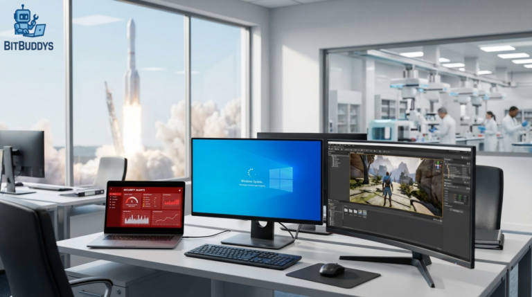 A modern newsroom-style IT desk with a laptop showing security alerts, a Windows update screen, a game development monitor, a rocket launch in the background, and a science lab transport scene, 16:9 aspect ratio, ultra realistic photo, professional photography, sharp focus, high detail, realistic photography, modern IT context, bright, inviting lighting, DSLR, 35mm or 50mm, depth of field, no text, no logos, no watermark