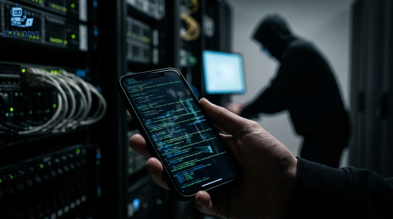 16:9 aspect ratio, ultra realistic photo, professional photography, sharp focus, high detail, close-up of a smartphone with code reflections on the screen, cyber security context with a subtle hacker silhouette in the background, dramatic cinematic lighting, DSLR 50mm, shallow depth of field, high contrast, realistic servers and data streams in background, no text, no logos, no watermark