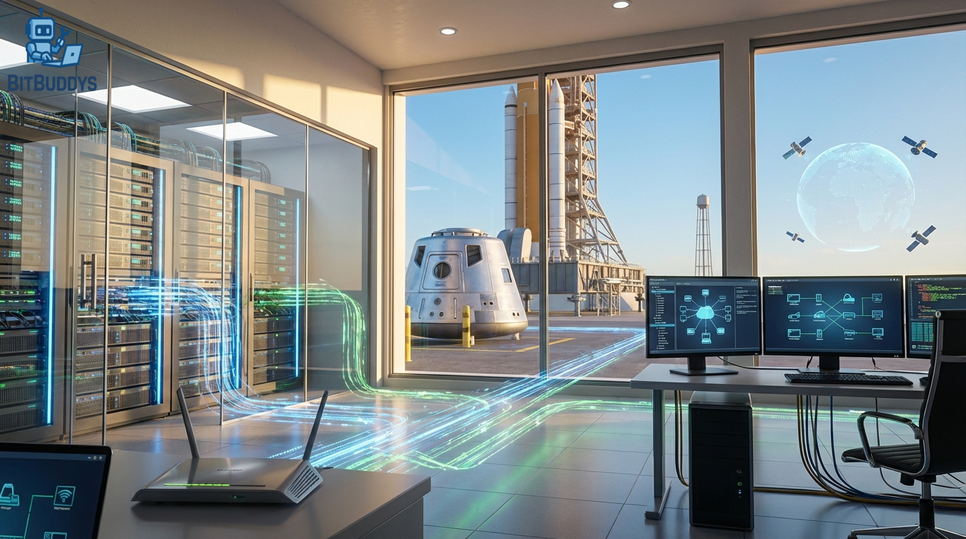 A modern IT news scene with cloud data centers, a consumer router, satellites in orbit, a lunar rocket on the launch pad, and a secure transport capsule for antimatter, bright inviting lighting, realistic photography, modern IT context, computers and digital network details, glowing data streams, 16:9 aspect ratio, ultra realistic photo, professional photography, sharp focus, high detail, DSLR, 35mm lens, depth of field, no text, no logos, no watermark