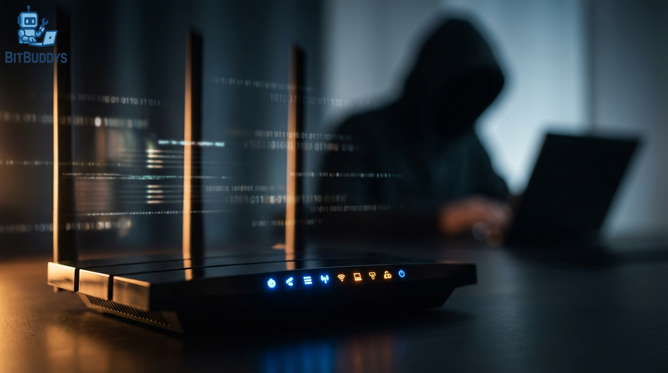 AI: 16:9 aspect ratio, ultra realistic photo, professional photography, sharp focus, high detail, close-up of a modern Wi-Fi router with blinking LEDs and a subtle hacker silhouette in the background, dramatic cinematic lighting, shallow depth of field, DSLR 35mm, cybersecurity context with blurred data streams overlay, no text, no logos, no watermark