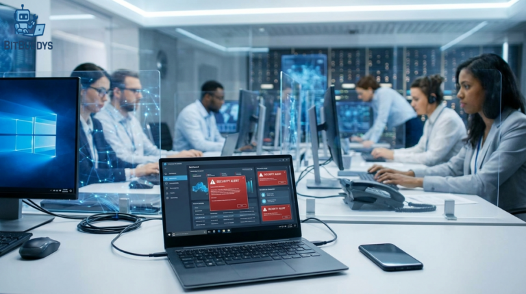 AI! A modern IT newsroom scene with a laptop, smartphone, server racks in the background, and subtle digital network elements, bright inviting lighting, realistic photography, modern office atmosphere, 16:9 aspect ratio, ultra realistic photo, professional photography, sharp focus, high detail, DSLR, 35mm lens, depth of field, no text, no logos, no watermark