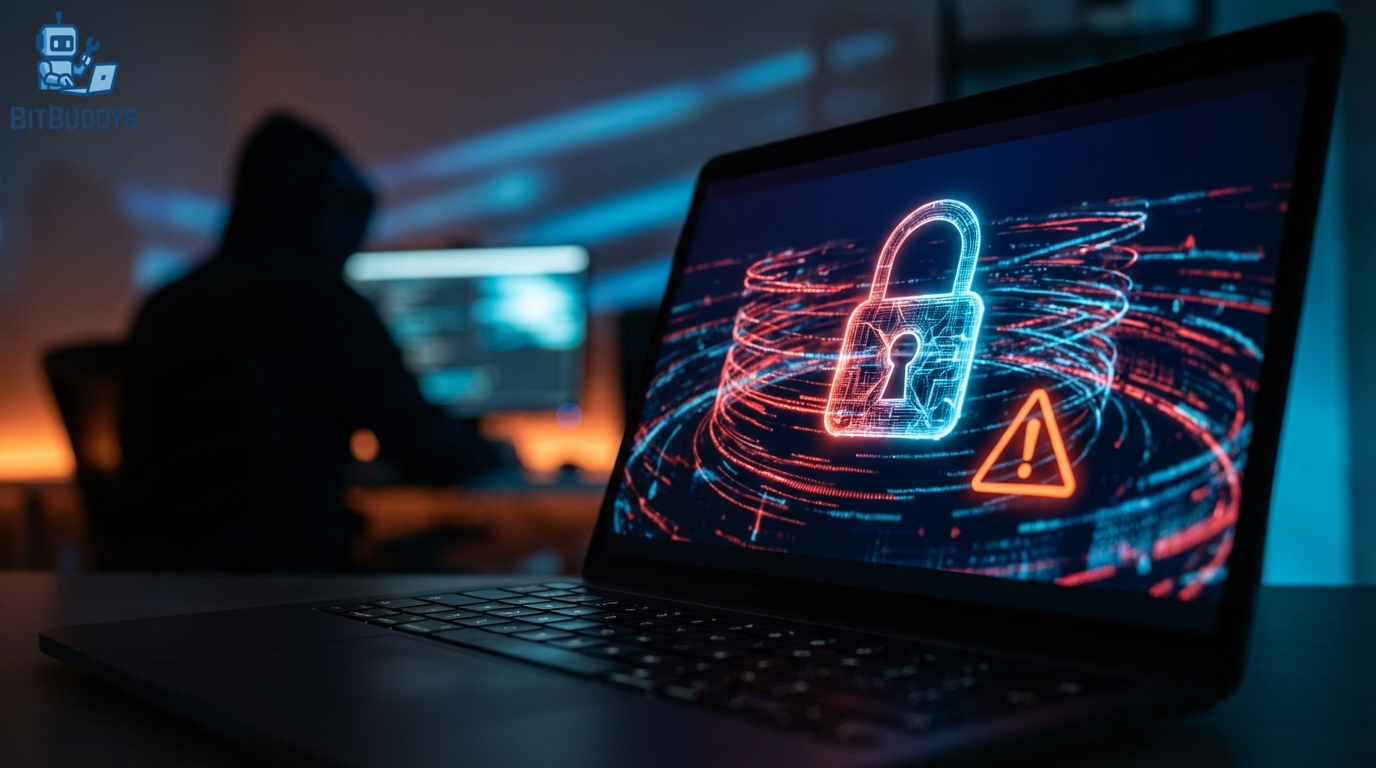 AI/KI!_16:9 aspect ratio, ultra realistic photo, professional photography, sharp focus, high detail, cinematic lighting, dramatic contrast, DSLR 35mm, depth of field, close-up of a laptop screen showing a security warning, blurred hacker silhouette in background, glowing data streams and a padlock icon, cybersecurity context, no text, no logos, no watermark
