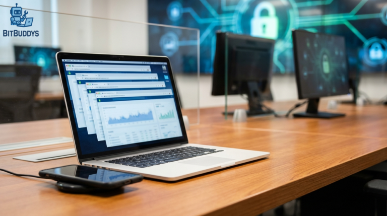 AI/KI! A modern newsroom-style desk with a smartphone, laptop, browser windows, and security icons, subtle digital network glow in the background, bright inviting lighting, realistic photography, modern IT context, 16:9 aspect ratio, ultra realistic photo, professional photography, sharp focus, high detail, DSLR, 35mm lens, depth of field, no text, no logos, no watermark