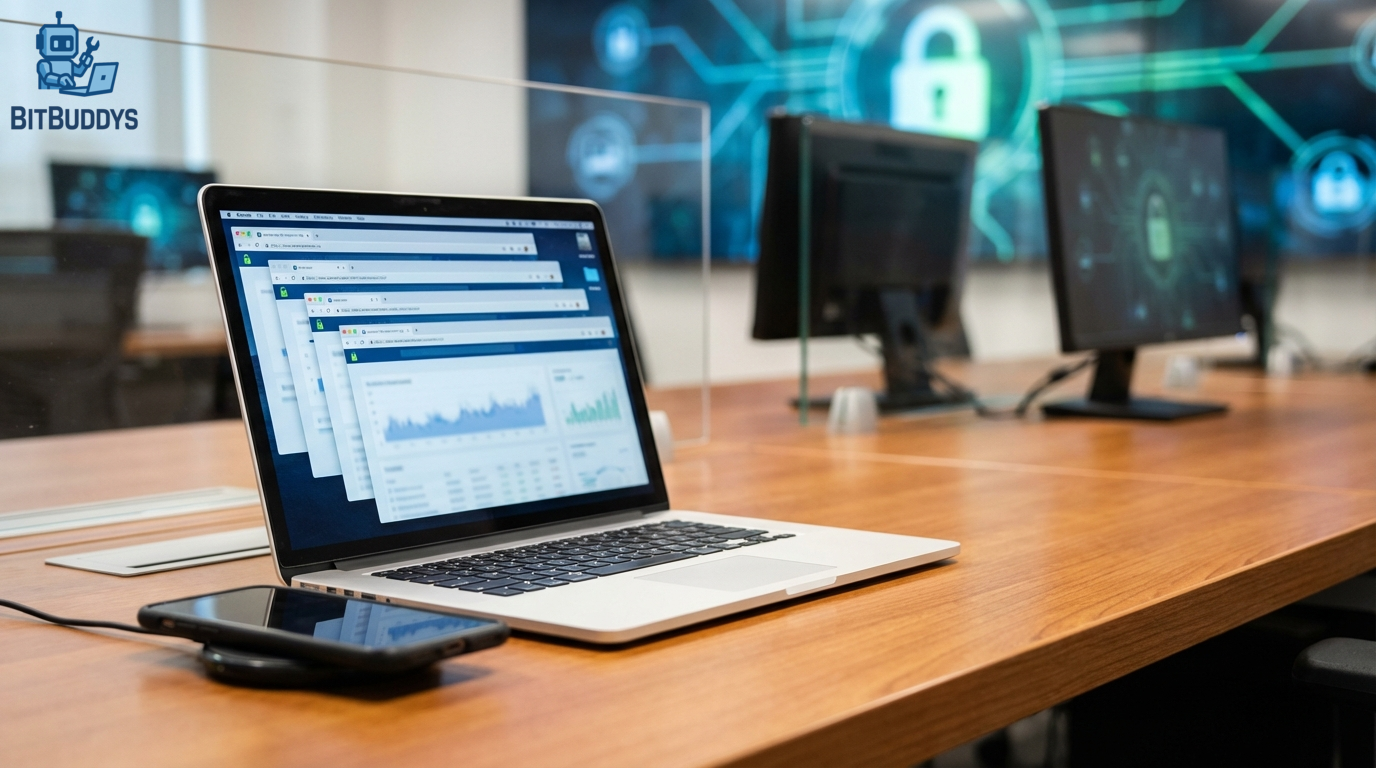 AI/KI! A modern newsroom-style desk with a smartphone, laptop, browser windows, and security icons, subtle digital network glow in the background, bright inviting lighting, realistic photography, modern IT context, 16:9 aspect ratio, ultra realistic photo, professional photography, sharp focus, high detail, DSLR, 35mm lens, depth of field, no text, no logos, no watermark