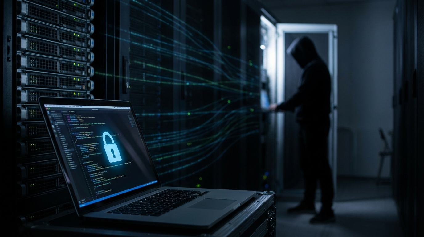 KI: 16:9 aspect ratio, ultra realistic photo, professional photography, sharp focus, high detail, realistic cybersecurity scene with a laptop, servers and a lock icon, subtle data streams in the background, silhouette of a person in a hoodie in the distance, cinematic lighting, dramatic contrast, DSLR 35mm or 50mm, shallow depth of field, no text, no logos, no watermark