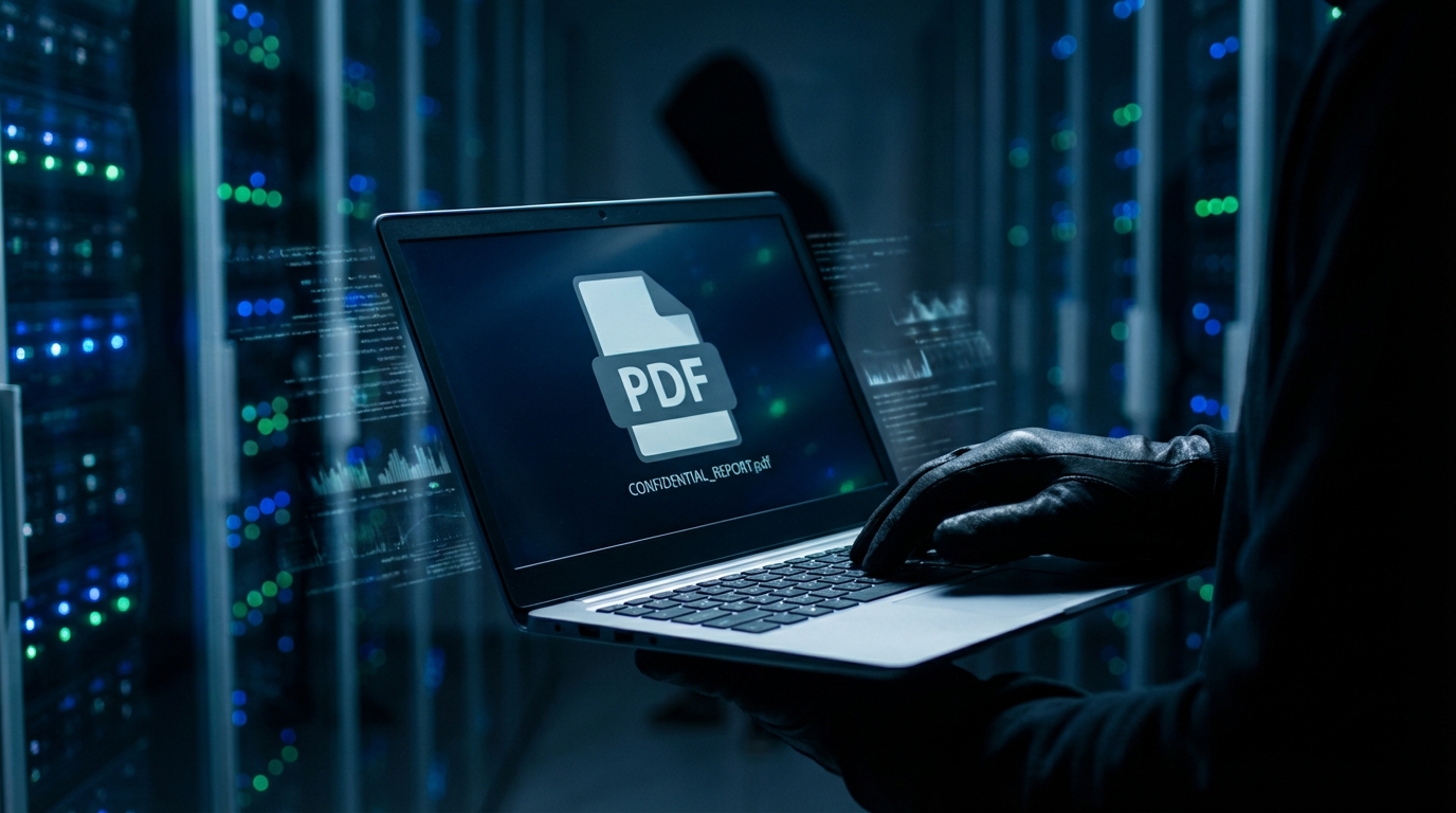 KI! A professional cybersecurity scene showing a close-up of hands holding a laptop displaying a PDF icon and blurred server racks in the background, cinematic lighting, dramatic contrast, realistic photography, 16:9 aspect ratio, ultra realistic photo, professional photography, sharp focus, high detail, DSLR 35mm, shallow depth of field, hacker silhouette in the distance, data streams visualized subtly