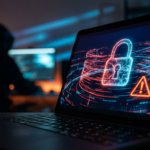 AI/KI!_16:9 aspect ratio, ultra realistic photo, professional photography, sharp focus, high detail, cinematic lighting, dramatic contrast, DSLR 35mm, depth of field, close-up of a laptop screen showing a security warning, blurred hacker silhouette in background, glowing data streams and a padlock icon, cybersecurity context, no text, no logos, no watermark