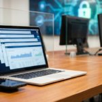 AI/KI! A modern newsroom-style desk with a smartphone, laptop, browser windows, and security icons, subtle digital network glow in the background, bright inviting lighting, realistic photography, modern IT context, 16:9 aspect ratio, ultra realistic photo, professional photography, sharp focus, high detail, DSLR, 35mm lens, depth of field, no text, no logos, no watermark